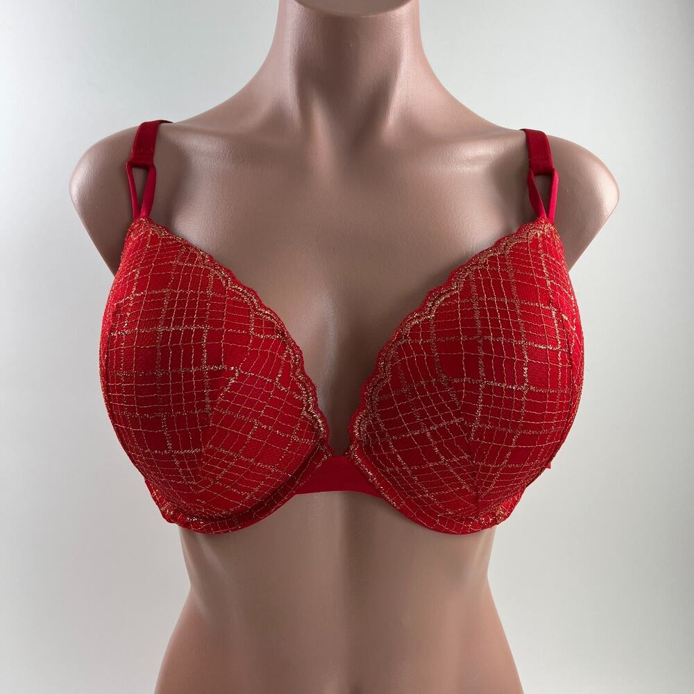 Victoria's Secret Lined Demi Gold Metallic Lace Padded Bra Red Size 34DDD NWT